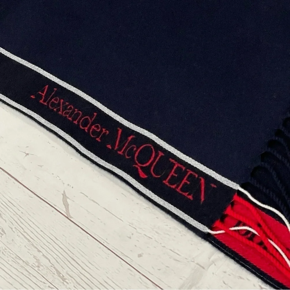 Alexander Mcqueen Navy Blue Selvedge Fringe Wool/Cashmere Unisex Scarf NWT $420